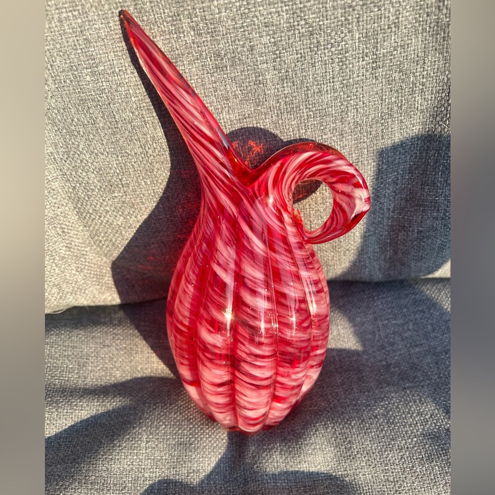 Vintage Lefton MCM Japan RARE Bird Pitcher - Red and White Swirled Glass Vase
